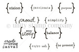 Stamp sheet of words framed in curly brackets in mixed typewriter, script and serif fonts: vision, passionate, purpose, proud, simplify, my story, balance, 80/20 rule and be present, plus 'create your living canvas'.