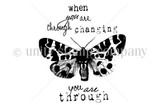 Stamp image: a tiger moth with bold spotted wings spread wide, framed by the mixed-type words 'when you are through changing you are through'