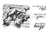 Line-art red rubber stamp of a lounging dachshund with sentiments "it's okay to rest," "sending hugs" and "take time for you."