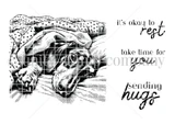 Red rubber stamp sheet with a dachshund curled up asleep under a spotted blanket, beside 'it's okay to rest' and 'take time for you'.