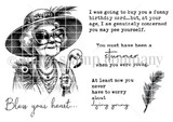 Line-art red rubber stamp set 'Stunner' showing a glamorous older lady in a feathered hat and pearls, with snarky birthday sentiments including 'Bless your heart.'