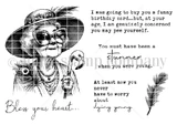 Red rubber stamp sheet showing a glamorous older woman in a wide brim hat, sunglasses and pearls with a feather, carrying 'Bless your heart...' and 'You must have been a stunner when you were young.'
