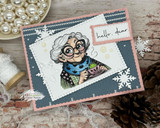 A card project showing a silver-haired lady in glasses and a cozy scarf, paired with the greeting "May your coffee, pelvic floor, intuition and self-appreciation be strong."