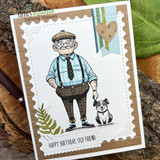 Ol' Friend card, the cheerful old gentleman and his pup colored in blues and browns, funny sentiment 'nobody loves life like an old man'.