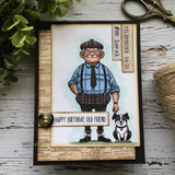 Handmade birthday card with a dapper old man in a flat cap, glasses and suspenders standing with his little dog, sentiment 'Happy birthday, old friend'.
