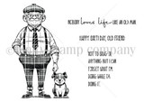 The Ol' Friend red rubber stamp set shown as line art: an old man in a cap with his dog and funny birthday sentiments for older-guy cards.