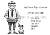 Red rubber stamp sheet with an older gentleman in a flat cap and plaid trousers walking a small dog, beside 'NOBODY loves life LIKE AN OLD MAN.' and 'HAPPY BIRTHDAY, OLD FRIEND'.