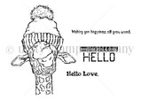 Red-rubber stamp set — a giraffe in a knit pom-pom hat with sentiments 'Hello Love.', 'sending you a cozy HELLO' and 'Wishing you happiness all year round.'