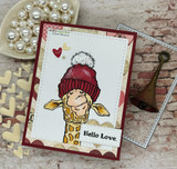 Winter card with a giraffe in a red knit pom-pom hat over a heart-print panel and 'Hello Love.'