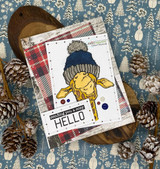 Woodland card — the giraffe in a navy pom-pom hat with 'sending you a cozy HELLO.'