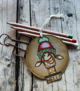 Kraft circle tag with the little hatted giraffe and 'HELLO.'
