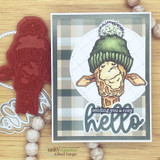 Plaid card with the green-beanie giraffe and 'sending you a cozy hello.'