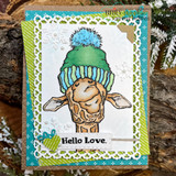 Teal-and-green winter card with the pom-pom-hatted giraffe and 'Hello Love.'