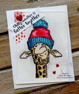 Card with the giraffe in a red-and-blue striped beanie and 'Chilly weather is better together.'