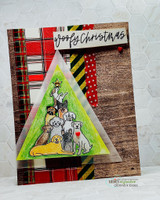 Card with the colored dog tree on a green triangle over plaid and wood paper and 'Woofy Christmas.'