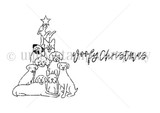 Line-art stamp of many dogs stacked into a Christmas tree shape with a star and 'Woofy Christmas.'