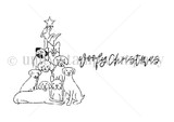 Red rubber stamp sheet with a pyramid of dogs stacked into a Christmas tree shape topped with a star, beside the script 'Woofy Christmas'.