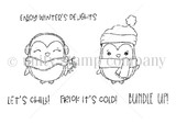 Line-art stamp of two round penguins wearing earmuffs and a hat with sentiments 'enjoy winter's delights,' 'let's chill,' 'frick it's cold,' 'bundle up.'