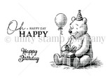 Line-art stamp sheet: Winnie the Pooh with present and balloon plus 'Happy Birthday' and 'Oh, happy day' red rubber stamps, Unity Stamp Co.