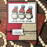 Red-and-kraft card with the birds in red and gray stocking caps over a 'forever in cahoots' banner.