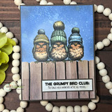 A trio of grumpy fluffy birds in knit beanies stamped in red rubber and colored on a handmade card reading "Bah humbug."