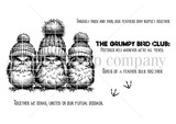 Line-art red rubber stamp set 'The Grumpy Bird Club' showing a trio of grumpy fluffy birds in knit beanies, with sentiments like 'Birds of a feather sulk together.'