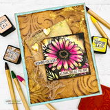 Bright card with a pink daisy on gold swirl texture and 'wishing you a day as amazing as you are.'