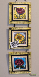 Trio of hanging mini frames with the rose, daisy and rose blooms.
