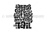 Itty bitty red-rubber stamp art in bold stylized lettering: 'Happiness starts with a wet nose and ends with a tail.'