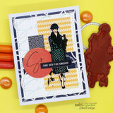 Card with a sassy woman in a black dress over patterned panels and a 'So' sentiment.