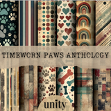 6x6 paper pack of vintage dog-themed papers - paw prints, bones and book-spine stripes - titled Timeworn Paws Anthology.