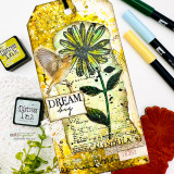 Tag using the paper pack: a black-eyed Susan bloom with 'Dream big' word snippets.