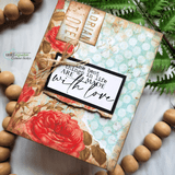 Card using the paper pack: a red rose on aged floral paper with 'things best in life are made with love.'