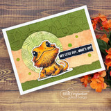 Card using the paper pack: a little orange lizard with 'Hey little guy, what's up?'