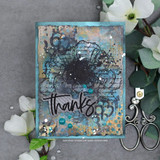 Teal shaker-style card of the black poppy with "thanks" and eucalyptus.