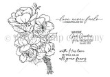 The He Provides red rubber stamp set shown as line art: a gathered bouquet of blooms with faith sentiments including 'Where God Guides He Provides', by Angie Blom.
