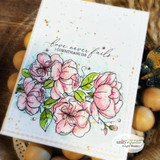 Handmade card with Angie Blom's lush hand-tied bouquet of full-blown roses and blossoms, script faith sentiment 'Where God Guides, He Provides'.