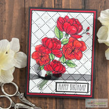 Handmade card with Angie Blom's lush hand-tied bouquet of full-blown roses and blossoms, script faith sentiment 'Where God Guides, He Provides'.