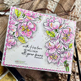 Handmade card with Angie Blom's lush hand-tied bouquet of full-blown roses and blossoms, script faith sentiment 'Where God Guides, He Provides'.