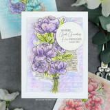 Handmade card with Angie Blom's lush hand-tied bouquet of full-blown roses and blossoms, script faith sentiment 'Where God Guides, He Provides'.