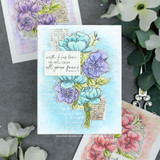 He Provides card, the flower bouquet colored in a soft colorway with 'love never fails' and 'with His love He will calm all your fears' sentiments.
