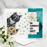 Card with the two cats on a star-print background, "Did somebody say cake?", a teal accent