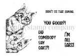 Red rubber stamp sheet with two cats peering around the edge of a panel, carrying 'DIDN'T SEE THAT COMING.' and 'DID SOMEBODY SAY CAKE?!'