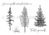 Red rubber stamp set with three tall evergreen pine trees, grass, and 'Trust in yourself' and 'You are capable and resilient, dear one.'