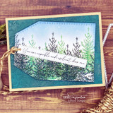 Card with a row of pines on a teal embossed tag, 'You are capable and resilient, dear one.'