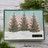 Card with three snowy pines on a soft twilight background, 'let it snow.'
