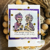 Purple-glittered card of the pink-haired grannies with beers and 'LOW BOOBS...HIGH HAIR at least something is still standing!'