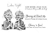 Red rubber stamp sheet showing two older women with big hair raising drinks together, carrying 'Ladies Night!' and 'Young at Heart. SLIGHTLY OLDER IN OTHER PLACES.'