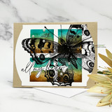 Card with the butterfly over teal squares: 'all my heart.'