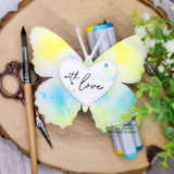 Butterfly-shaped card in soft blue-and-yellow watercolor: 'with love.'